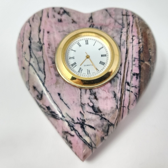 Other - Vintage Pink Heart Shaped Stone Tabletop Clock